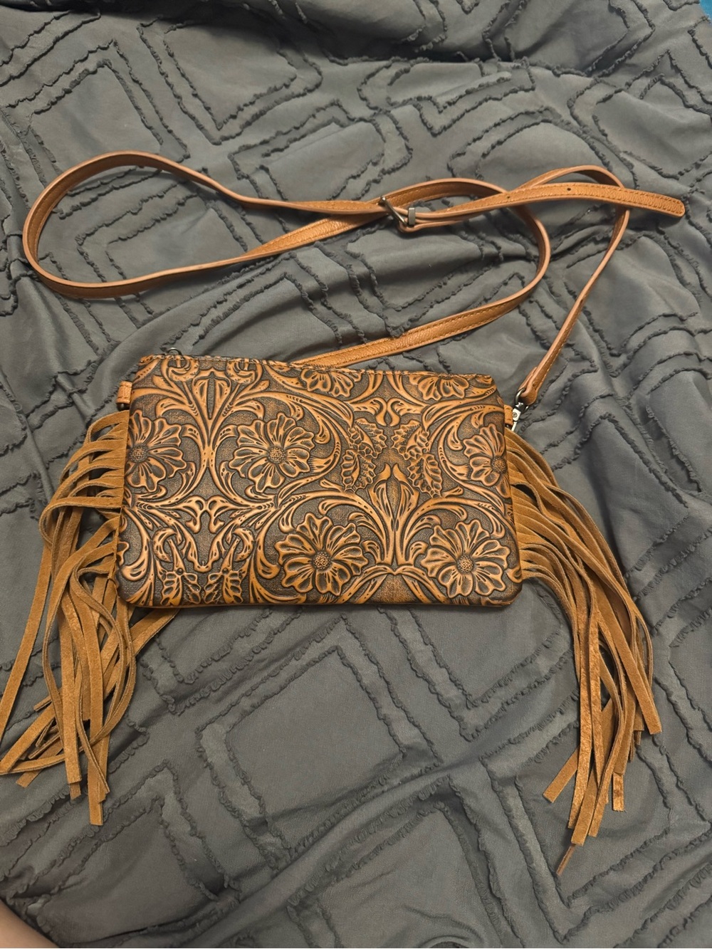 Montana West Embossed Floral Fringe Crossbody in Tan